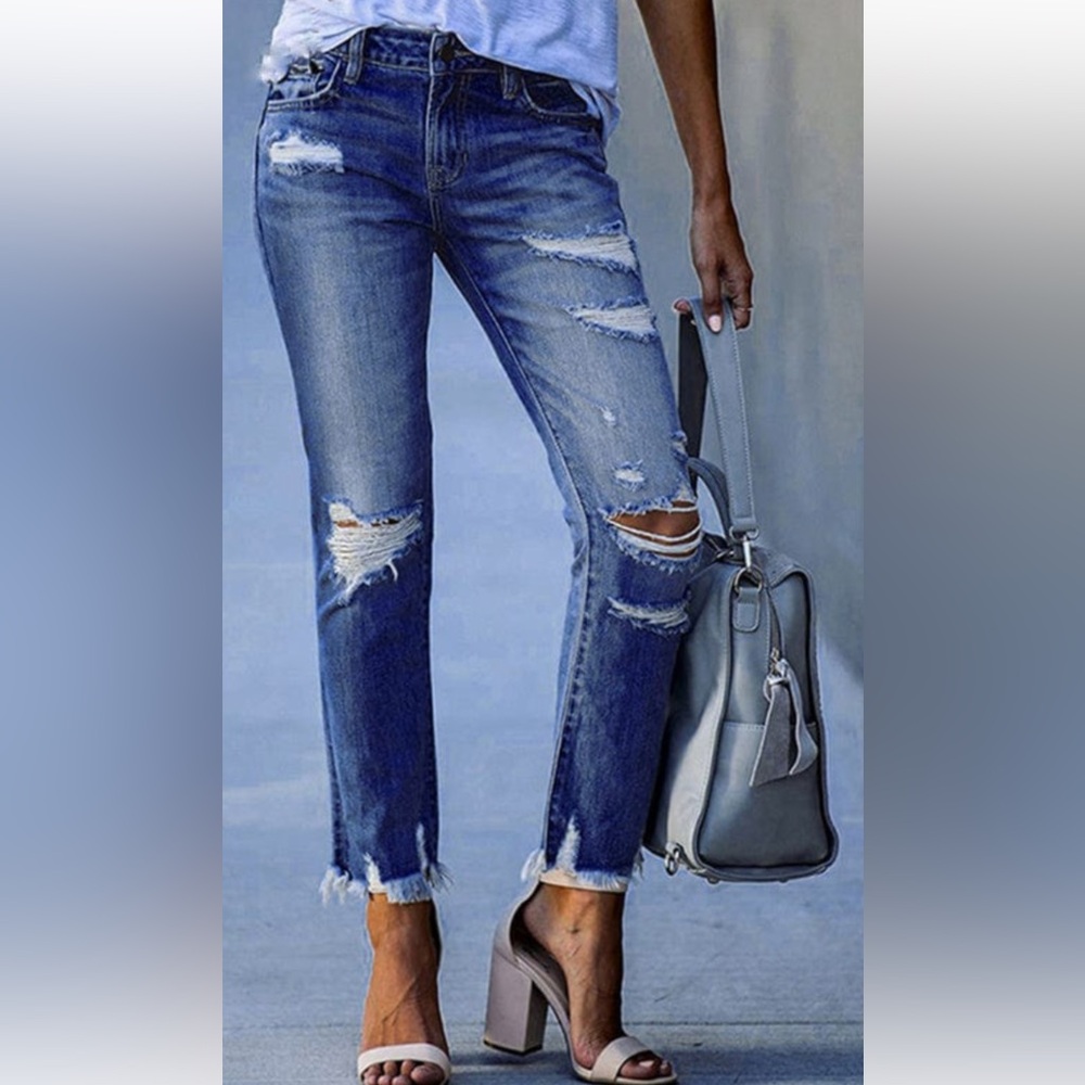 Boho Beach Hut Stretch Ripped Distressed
High Waist Denim Jeans